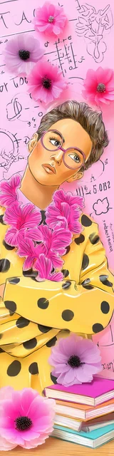 Free teacher bookmark featuring a teacher on a pink background